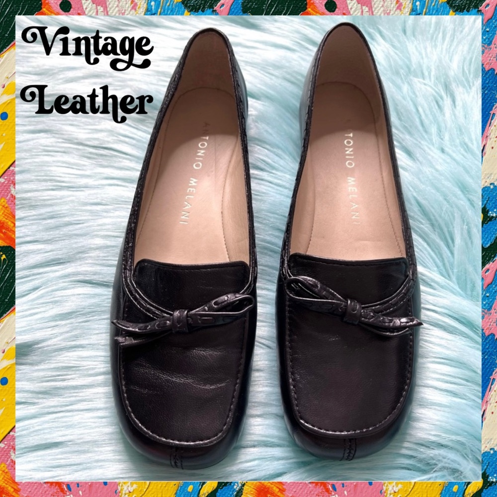 Antonio Melani 90s Black Soft LEATHER Loafers Slip On Bow Accent Women’s 7.5